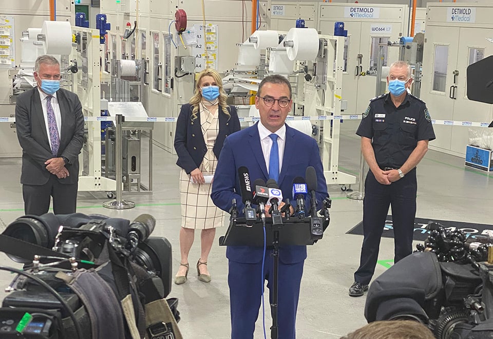 Image of Premier Steven Marshall addressing the media at Detmold Medical