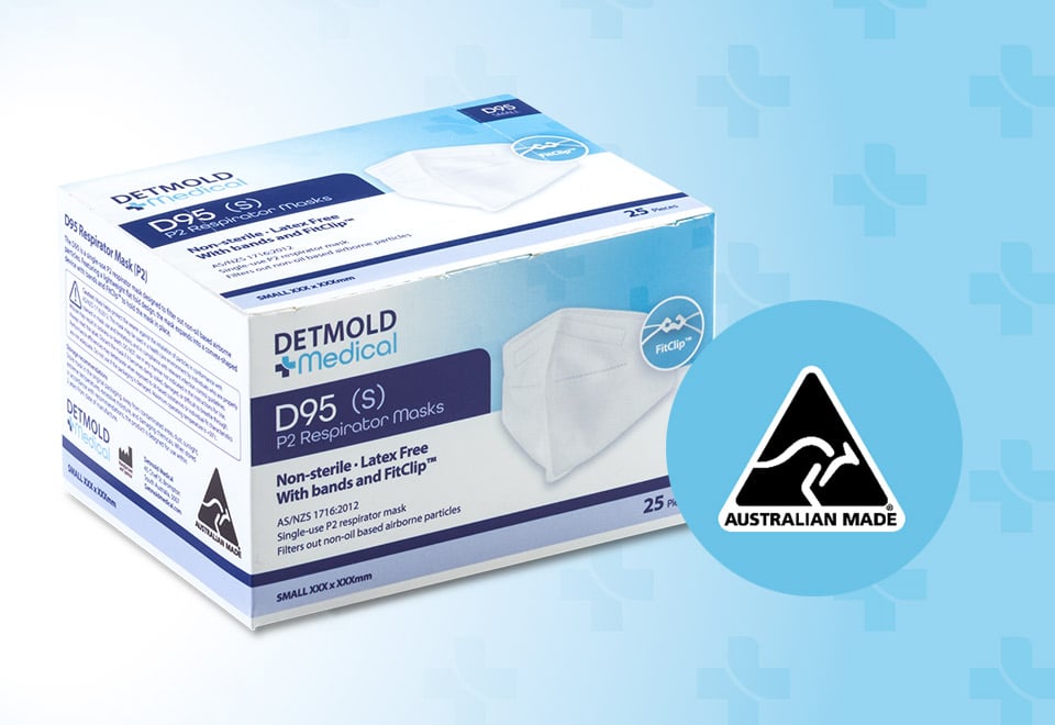 Image of Detmold Medical mask carton highlighting Australian Made