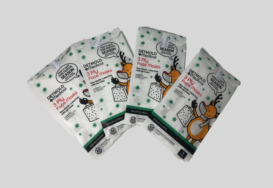 Detmold Medical four packs of festive masks for shoppers