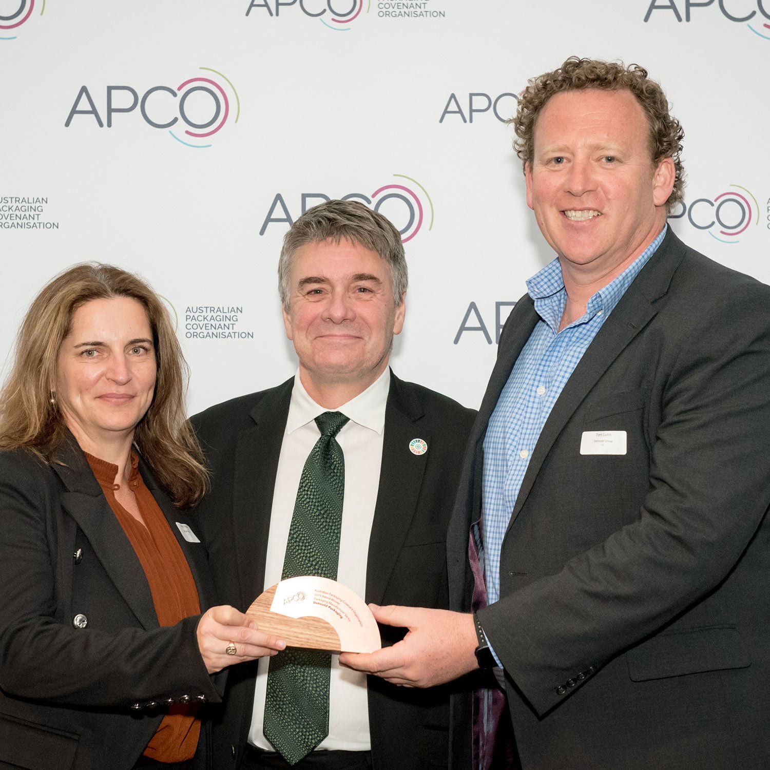 Detmold Group's Anna Falkiner, APCO Director Andrew Petersen, and Detmold Group's Tom Lunn at the APCO Awards 2019